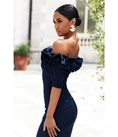 Xscape Ruffled Off-the-Shoulder Short Sleeve Crepe Sheath Gown