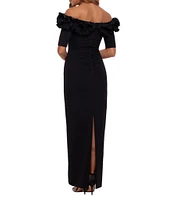 Xscape Ruffled Off-the-Shoulder Short Sleeve Crepe Sheath Gown