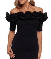 Xscape Ruffled Off-the-Shoulder Short Sleeve Crepe Sheath Gown