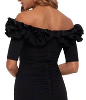 Xscape Ruffled Off-the-Shoulder Short Sleeve Crepe Sheath Gown