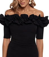 Xscape Ruffled Off-the-Shoulder Short Sleeve Crepe Sheath Gown