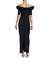 Xscape Ruffled Off-the-Shoulder Short Sleeve Crepe Sheath Gown