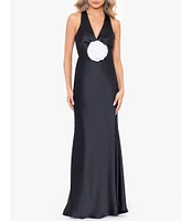 Xscape Satin Halter Neck Rosette Sleeveless Open Back Mermaid Gown