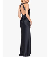 Xscape Satin Halter Neck Rosette Sleeveless Open Back Mermaid Gown