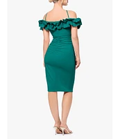 Xscape Scuba Crepe Off The Shoulder Halter Neck Ruffle Trim Pleated Dress