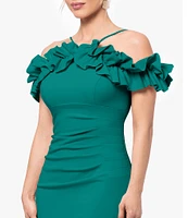 Xscape Scuba Crepe Off The Shoulder Halter Neck Ruffle Trim Pleated Dress