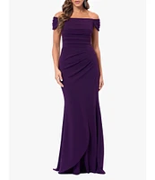 Xscape Scuba Crepe Off The Shoulder Neck Cap Sleeve Pleated Bodice Wrap Gown