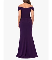 Xscape Scuba Crepe Off The Shoulder Neck Cap Sleeve Pleated Bodice Wrap Gown