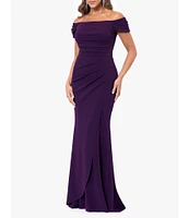 Xscape Scuba Crepe Off The Shoulder Neck Cap Sleeve Pleated Bodice Wrap Gown