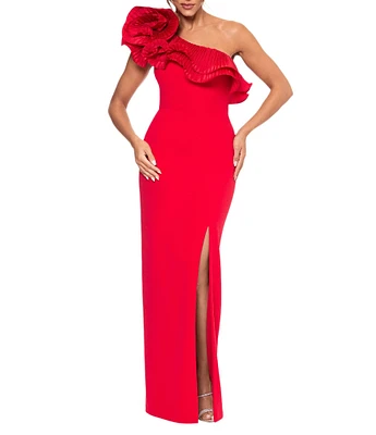 Xscape Scuba Crepe One Shoulder Asymmetrical Ruffle Sheath Dress