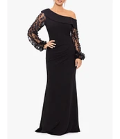 Xscape Scuba Crepe One Shoulder Long 3D Floral Sleeve Gown