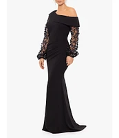 Xscape Scuba Crepe One Shoulder Long 3D Floral Sleeve Gown