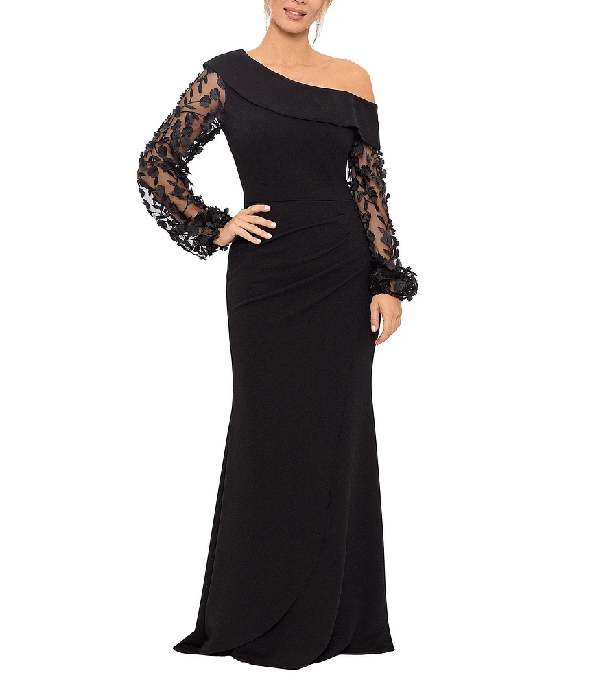 Xscape Scuba Crepe One Shoulder Long 3D Floral Sleeve Gown