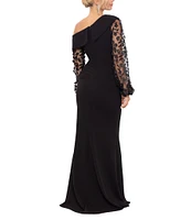 Xscape Scuba Crepe One Shoulder Long 3D Floral Sleeve Gown