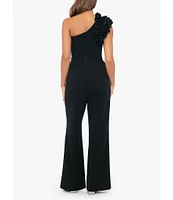 Xscape Scuba Crepe One Shoulder Sleeveless Ruffle Shoulder Straight Leg Side Pocket Jumpsuit