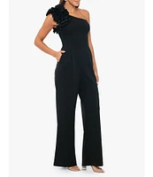 Xscape Scuba Crepe One Shoulder Sleeveless Ruffle Shoulder Straight Leg Side Pocket Jumpsuit