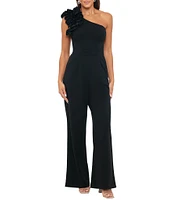 Xscape Scuba Crepe One Shoulder Sleeveless Ruffle Shoulder Straight Leg Side Pocket Jumpsuit