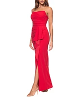 Xscape Scuba Crepe Strapless Cascade Ruffle Sheath Dress