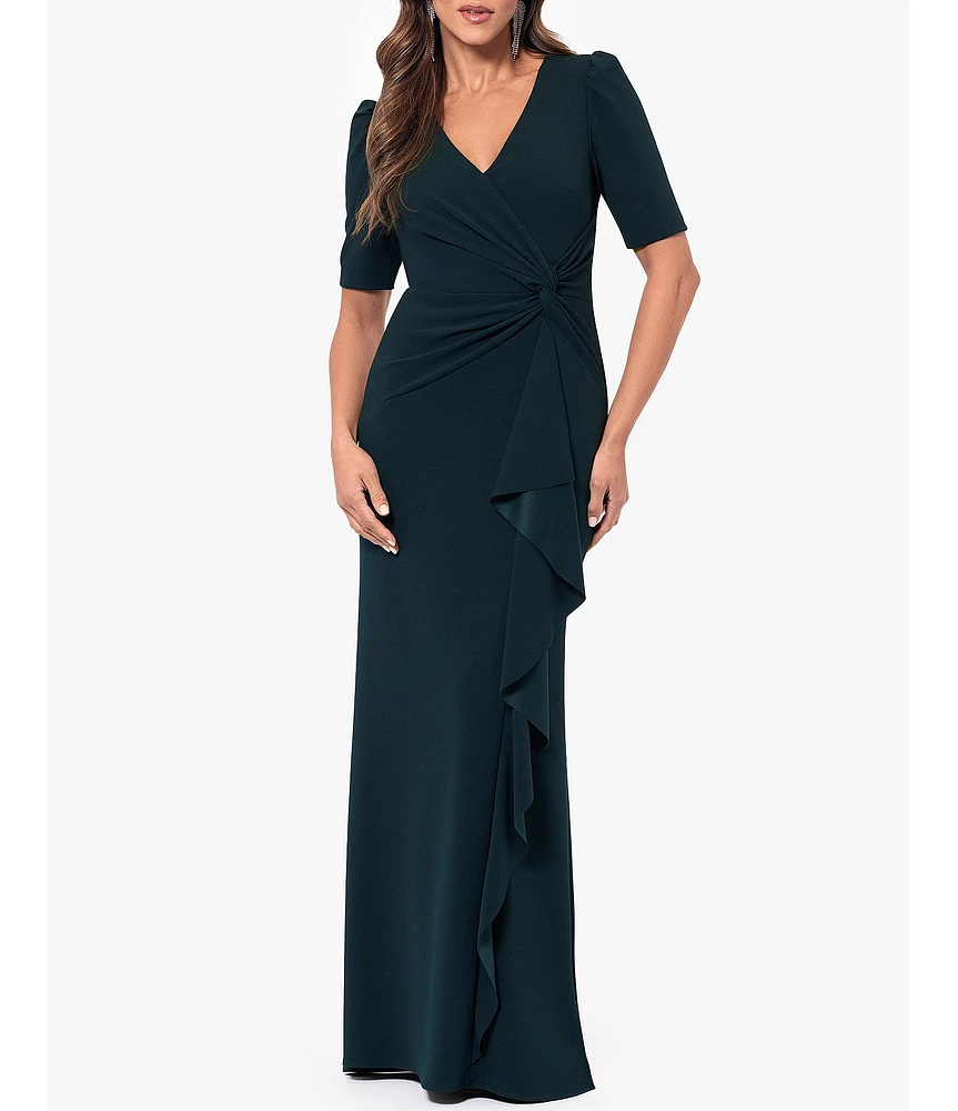 Xscape Scuba Crepe Surplice V-Neck Short Puff Shoulder Sleeve Twist Side Cascading Ruffle Gown