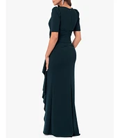 Xscape Scuba Crepe Surplice V-Neck Short Puff Shoulder Sleeve Twist Side Cascading Ruffle Gown