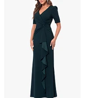 Xscape Scuba Crepe Surplice V-Neck Short Puff Shoulder Sleeve Twist Side Cascading Ruffle Gown