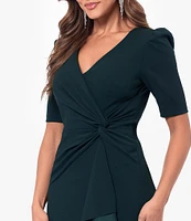 Xscape Scuba Crepe Surplice V-Neck Short Puff Shoulder Sleeve Twist Side Cascading Ruffle Gown