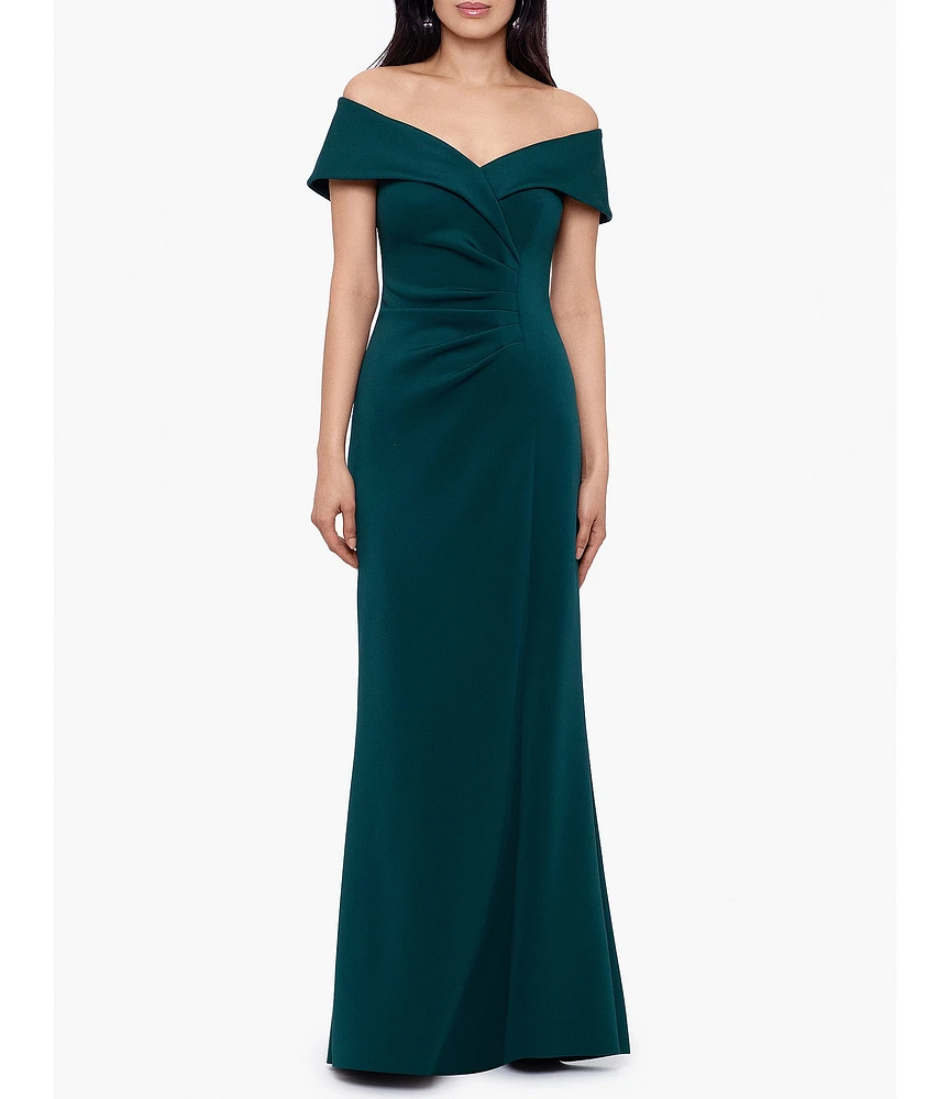 Xscape Scuba Crepe Sweetheart Off-The-Shoulder Gathered Gown