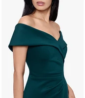 Xscape Scuba Crepe Sweetheart Off-The-Shoulder Gathered Gown