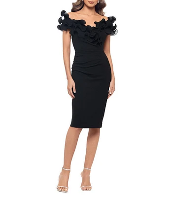 Xscape Scuba Crepe V-Neck Sleeveless Wire Ruffle Trim Ruched Back Dress