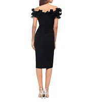 Xscape Scuba Crepe V-Neck Sleeveless Wire Ruffle Trim Ruched Back Dress