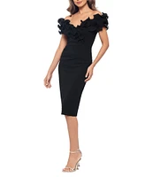 Xscape Scuba Crepe V-Neck Sleeveless Wire Ruffle Trim Ruched Back Dress