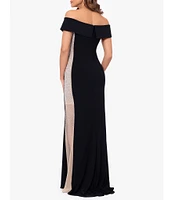 Xscape Scuba Mesh Illusion Sequin Off-the-Shoulder Gown