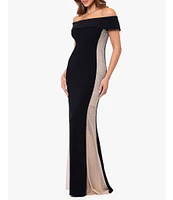 Xscape Scuba Mesh Illusion Sequin Off-the-Shoulder Gown