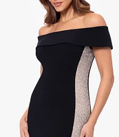 Xscape Scuba Mesh Illusion Sequin Off-the-Shoulder Gown