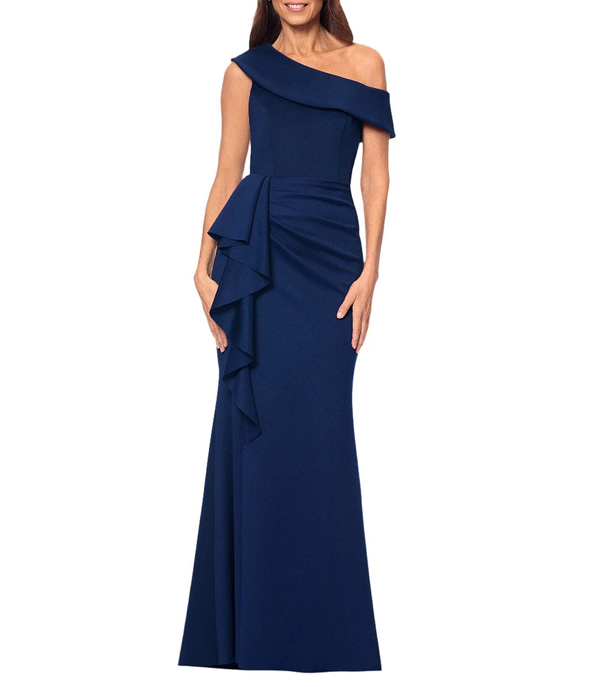 Xscape Scuba One Shoulder Neck Sleeveless Ruched Front Drape Gown