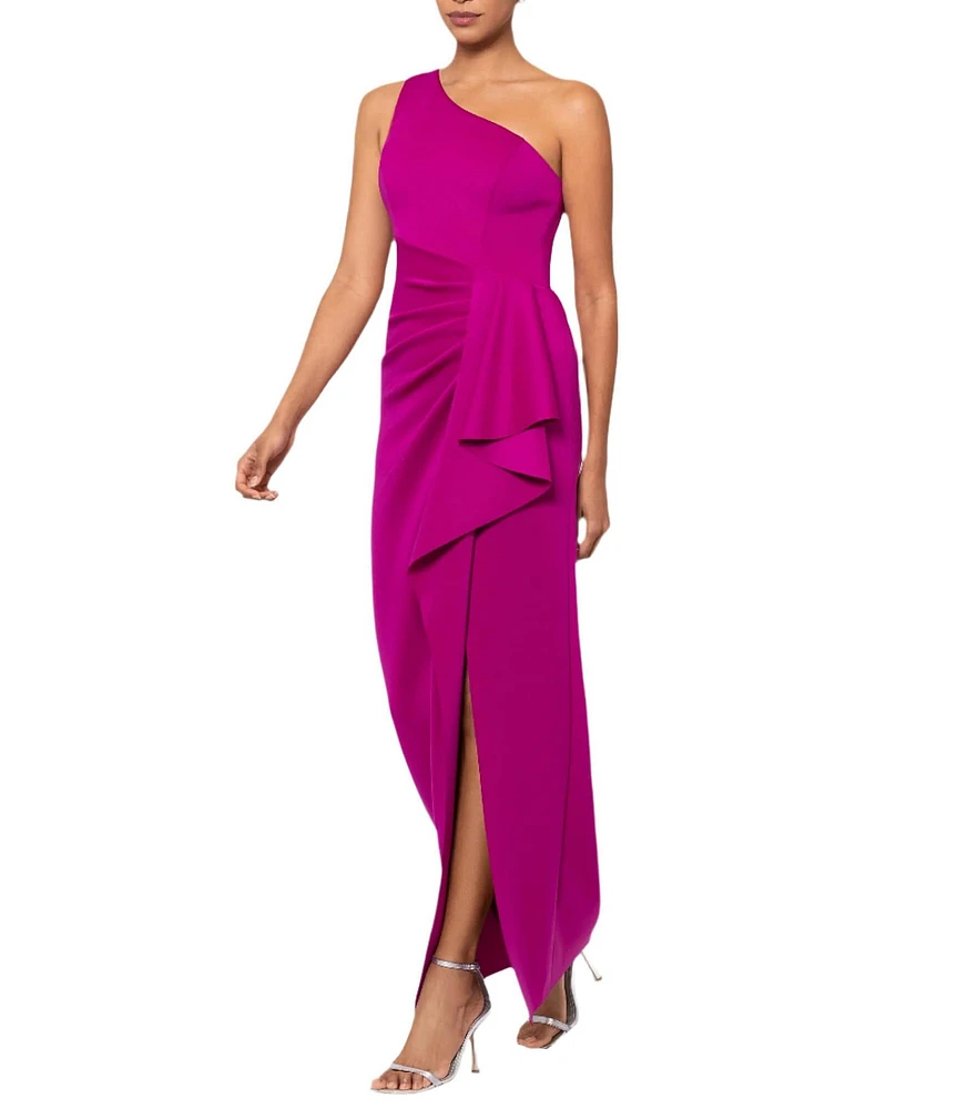 Xscape Scuba One Shoulder Sleeveless Side Pleated Ruffle Sheath Gown