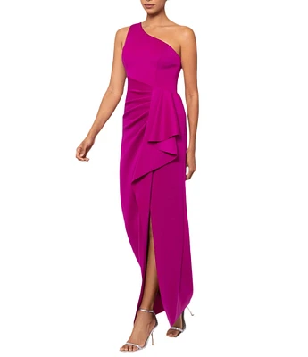 Xscape Scuba One Shoulder Sleeveless Side Pleated Ruffle Sheath Gown