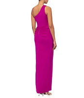 Xscape Scuba One Shoulder Sleeveless Side Pleated Ruffle Sheath Gown