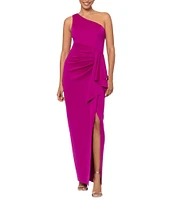 Xscape Scuba One Shoulder Sleeveless Side Pleated Ruffle Sheath Gown