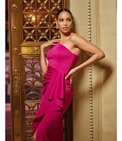 Xscape Scuba One Shoulder Sleeveless Side Pleated Ruffle Sheath Gown