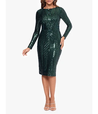 Xscape Sequin Boat Neck Long Sleeve Dress