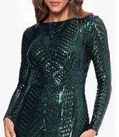 Xscape Sequin Boat Neck Long Sleeve Dress