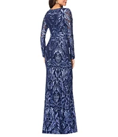 Xscape Sequin Embroidered Crew Neck Long Sleeve Sheath Dress