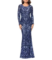 Xscape Sequin Embroidered Crew Neck Long Sleeve Sheath Dress