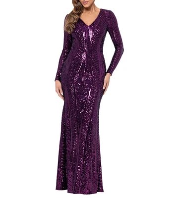 Xscape Sequin V-Neck Long Sleeve Sheath Gown