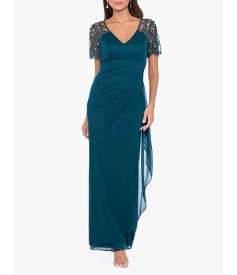 Xscape Short Beaded Sheer Flutter Sleeve Cascading Draped Waist V-Neck Beaded Gown