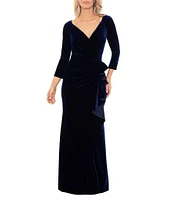 Xscape Solid Velvet V-Neck 3/4 Sleeves Ruffle Front Sheath Dress