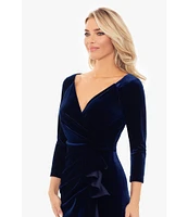 Xscape Solid Velvet V-Neck 3/4 Sleeves Ruffle Front Sheath Dress