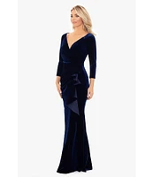 Xscape Solid Velvet V-Neck 3/4 Sleeves Ruffle Front Sheath Dress