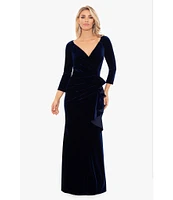 Xscape Solid Velvet V-Neck 3/4 Sleeves Ruffle Front Sheath Dress